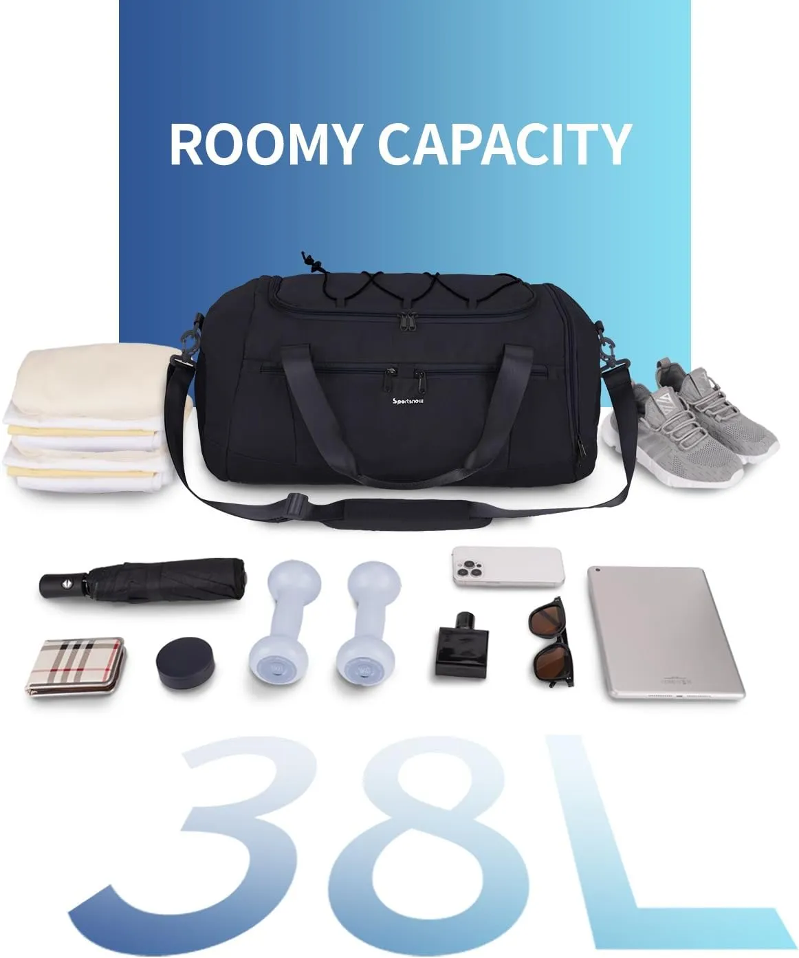 sportsnew Gym Bag for Men Women with Shoe Compartment,Overnight Bag Backpack with Wet Pocket,38L Travel Duffel with 15.6" Laptop Pocket and Trolley Sleeve for Travel,Workout,Patent Pending