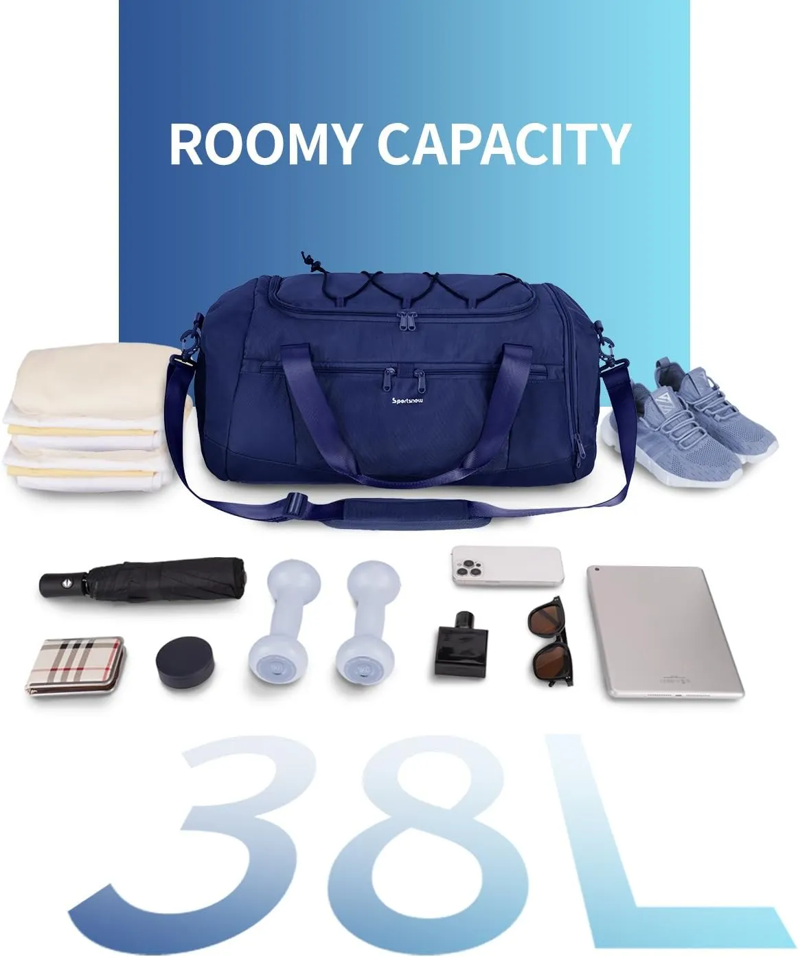 sportsnew Gym Bag for Men Women with Shoe Compartment,Overnight Bag Backpack with Wet Pocket,38L Travel Duffel with 15.6" Laptop Pocket and Trolley Sleeve for Travel,Workout,Patent Pending