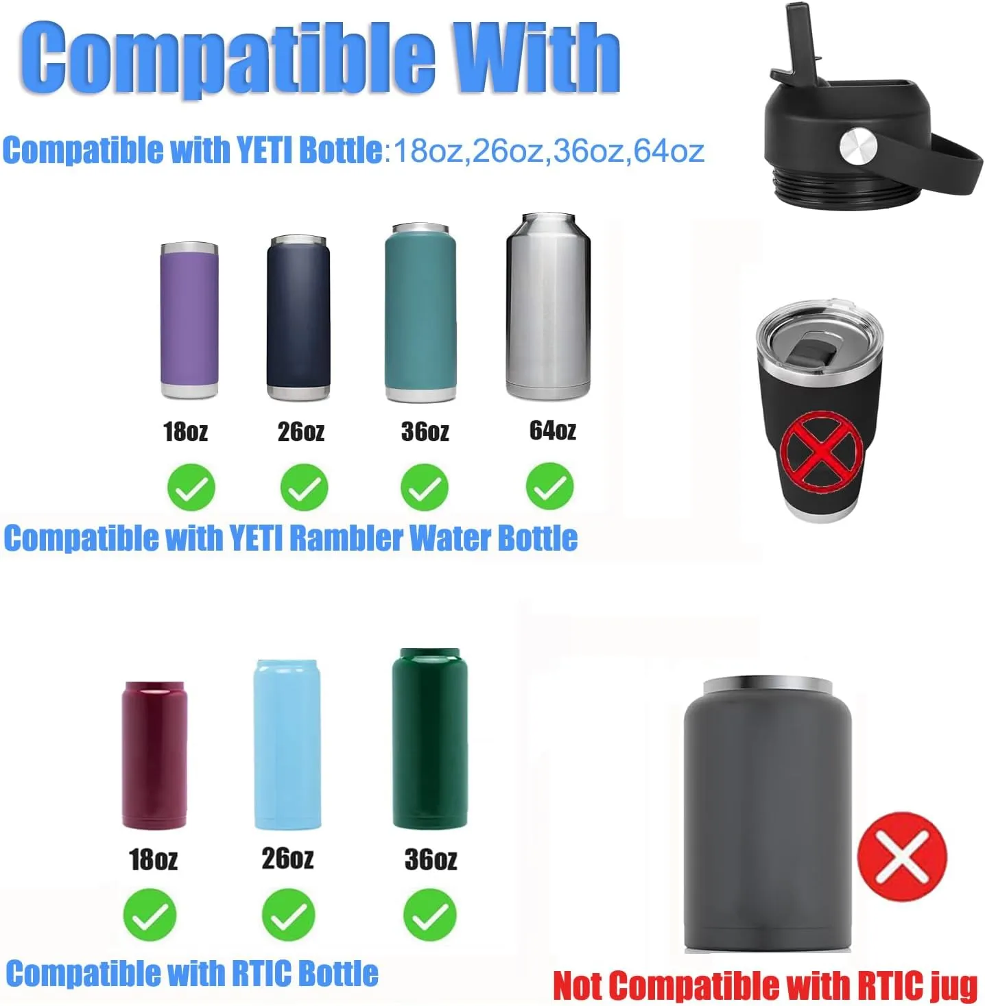Straw Lid for Yeti Rambler 12/18/26/36/46/64 Oz Straw Cap Replacement with Soft Handle for RTIC | Leakproof | BPA Free | Dishwasher Safe (Straw Lid, Black&Black)