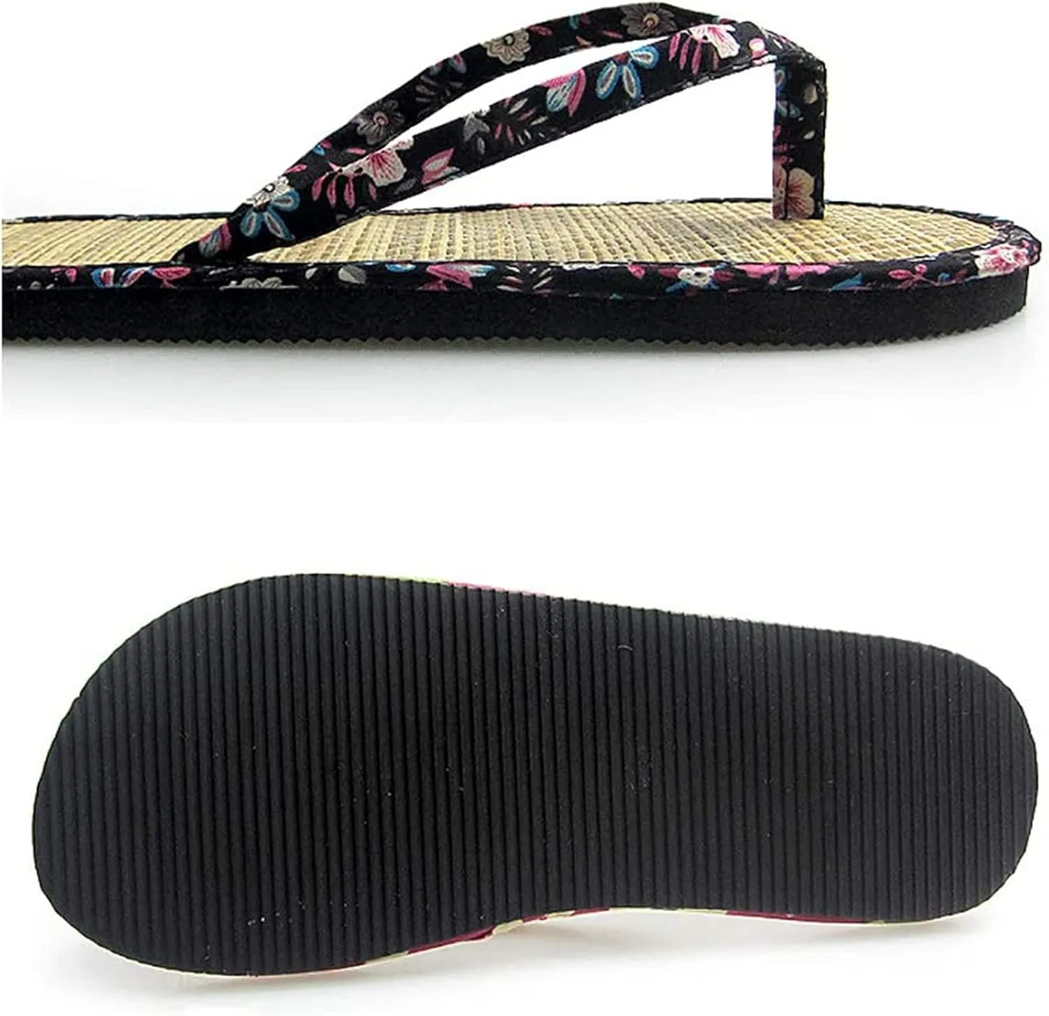 Straw Slippers, Flip Flop Bamboo Laminated Detail Straw Straw Women Comfortable Flip Flop Slippers Unisex-Adult Slippers, Beach Shoes Couple Sandals,Black (Black 36eu)