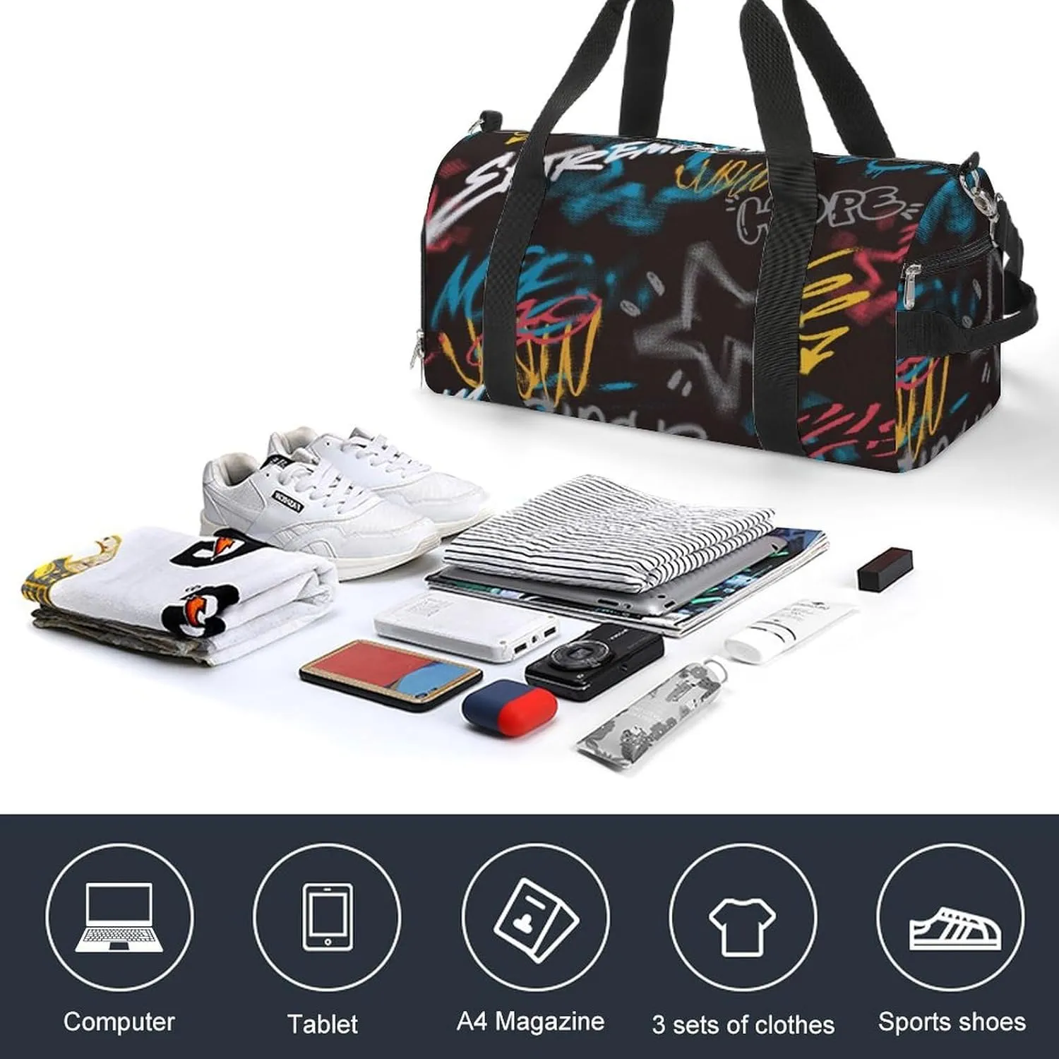 Street Art Graffiti Urban Theme Fitness Large Gym Bag for Unisex with Shoe Compartment & Wet Pocket