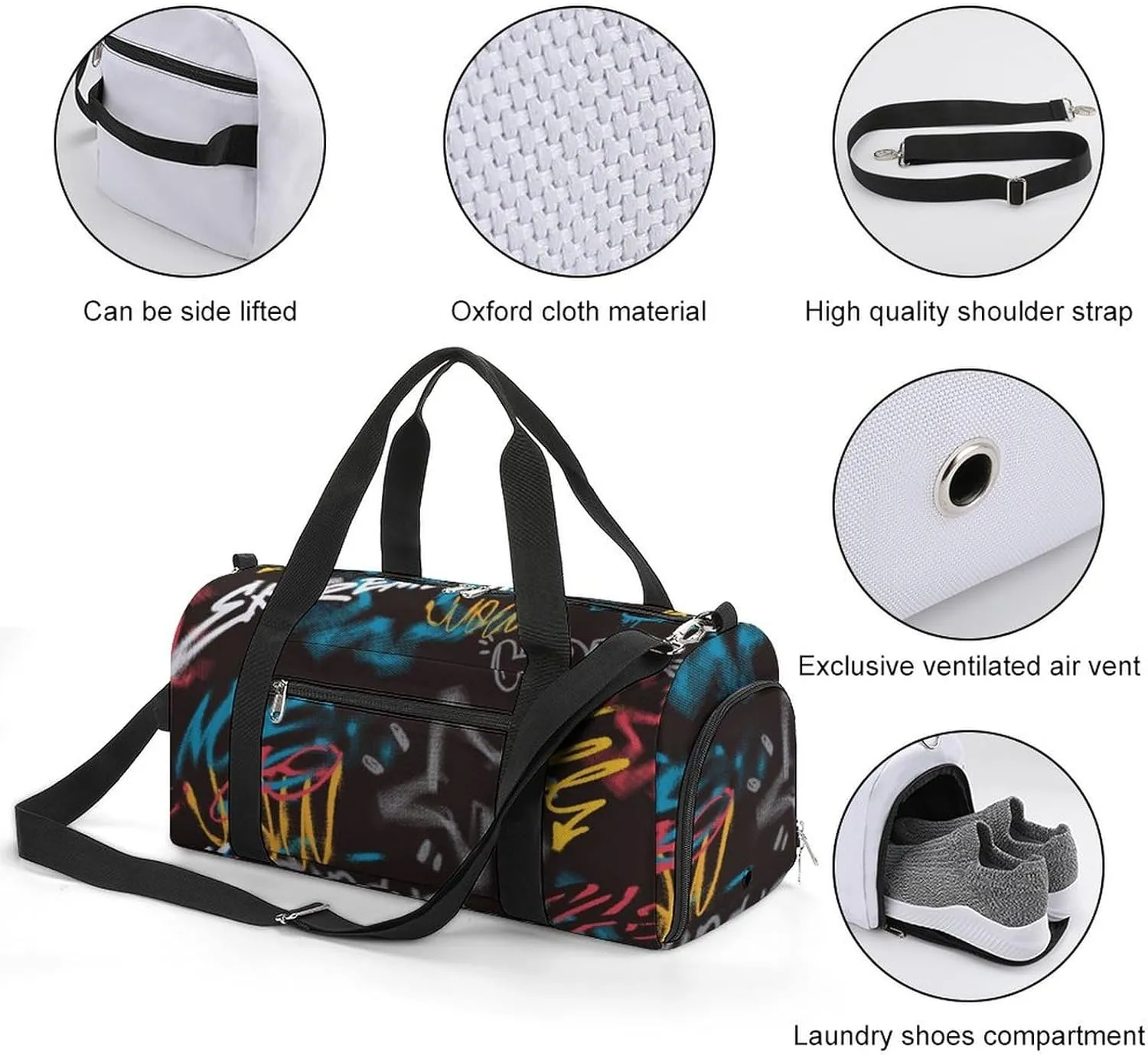 Street Art Graffiti Urban Theme Fitness Large Gym Bag for Unisex with Shoe Compartment & Wet Pocket