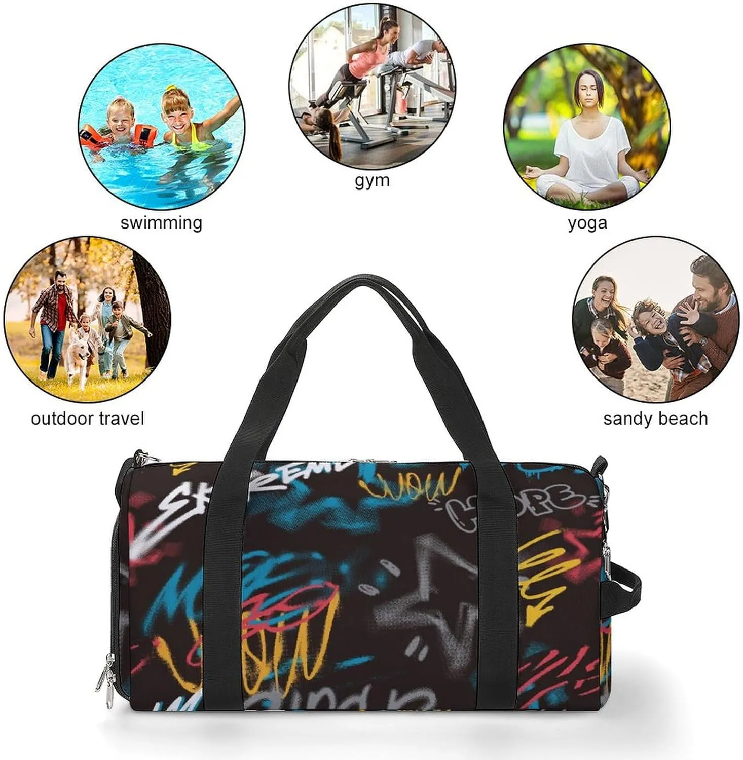 Street Art Graffiti Urban Theme Fitness Large Gym Bag for Unisex with Shoe Compartment & Wet Pocket