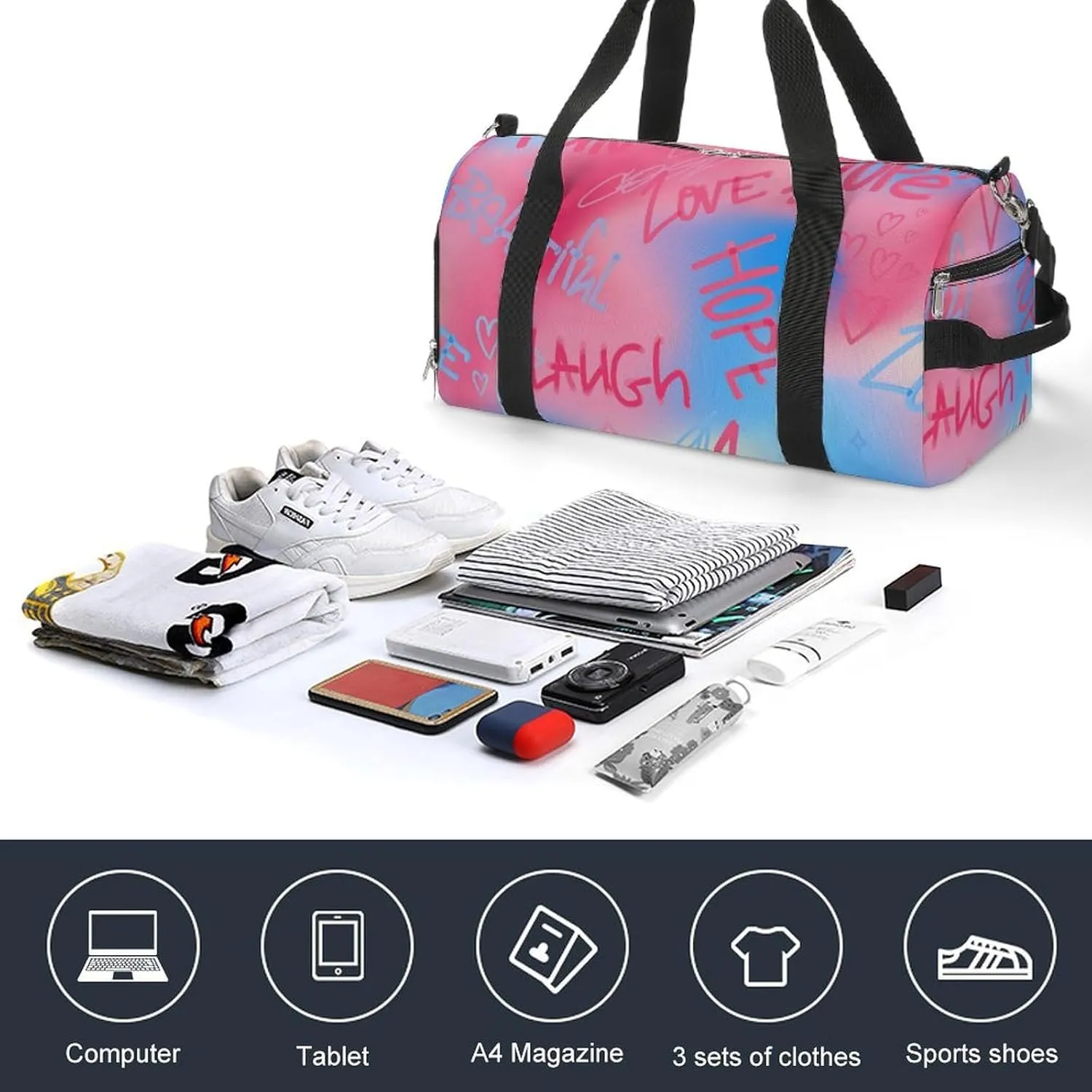 Street Art Style of Letter Fitness Large Gym Bag for Unisex with Shoe Compartment & Wet Pocket