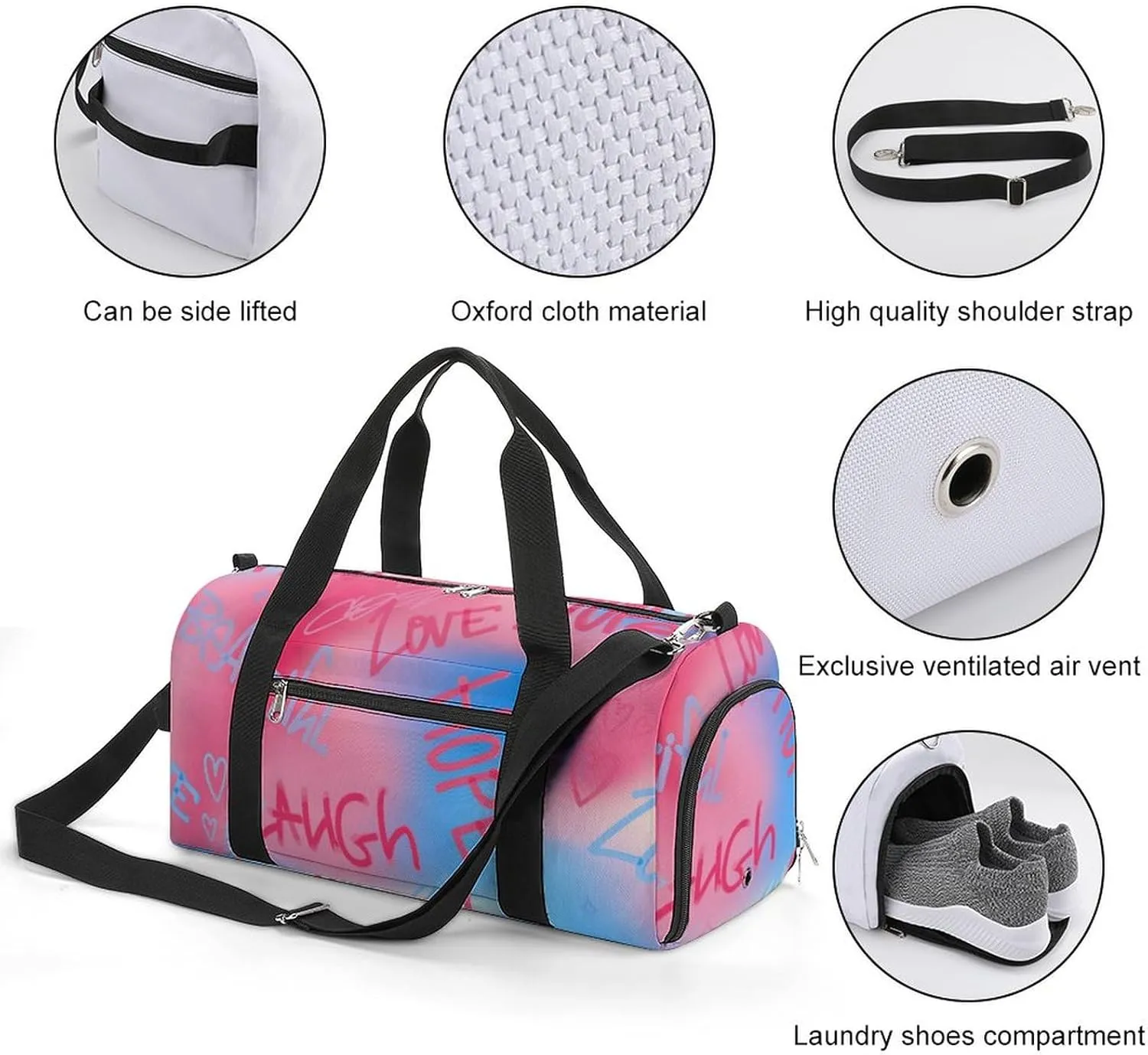 Street Art Style of Letter Fitness Large Gym Bag for Unisex with Shoe Compartment & Wet Pocket