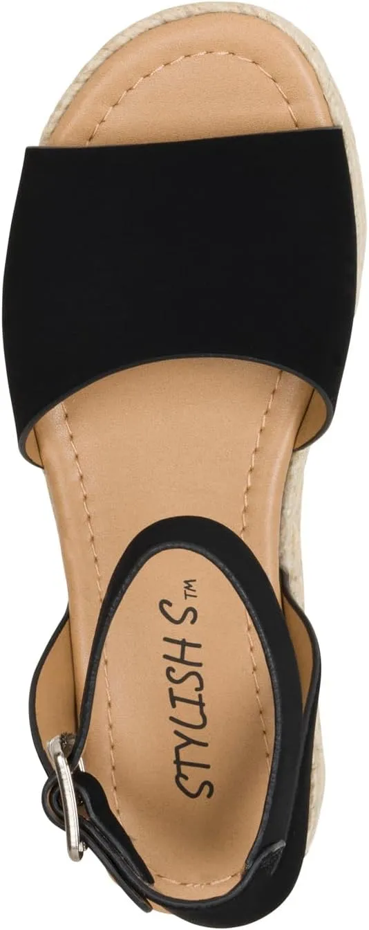 STYLISH S Gloria-IIS ~ Girls Single Band Open Toe Platform Wedge Espadrille Studded Sandals Adjustable Ankle Buckle