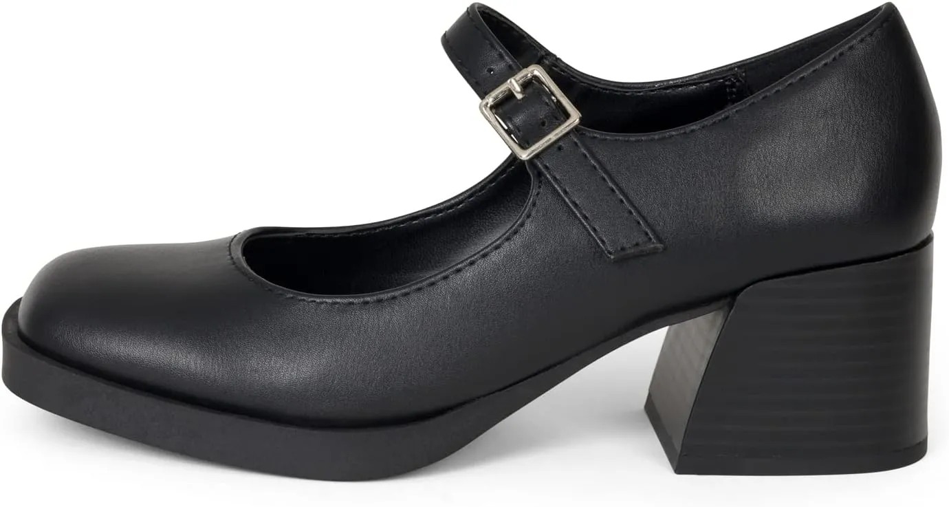 STYLISH S Rosa - Women's Square Toe Chunky Stacked Heel Mary Jane with Adjustable Ankle Buckle