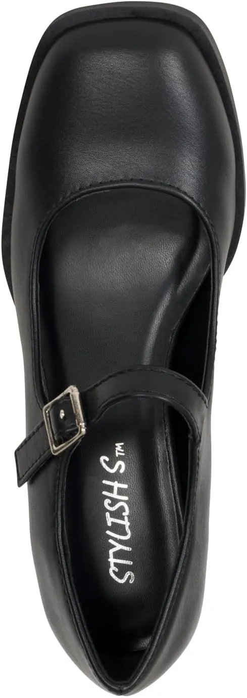 STYLISH S Rosa - Women's Square Toe Chunky Stacked Heel Mary Jane with Adjustable Ankle Buckle