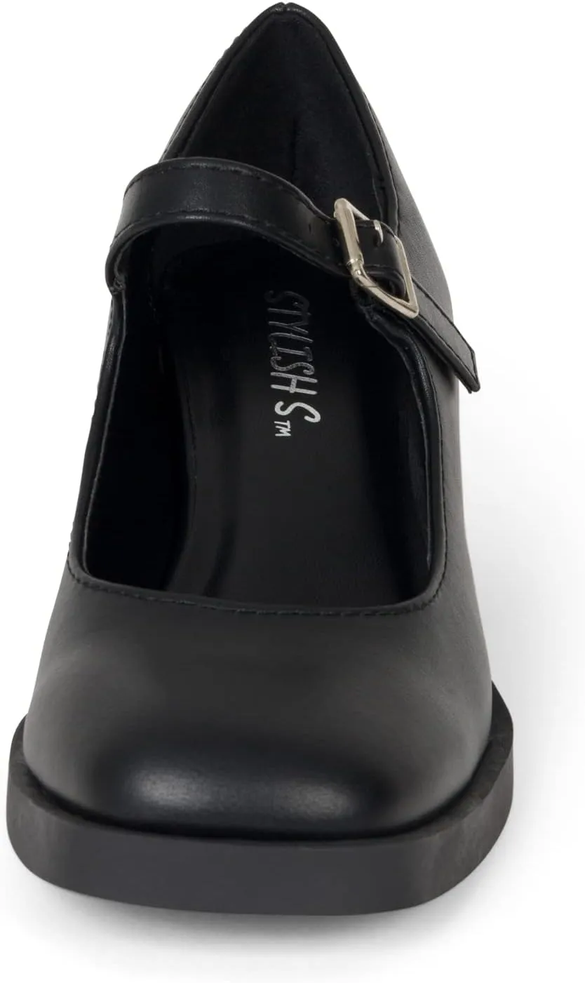 STYLISH S Rosa - Women's Square Toe Chunky Stacked Heel Mary Jane with Adjustable Ankle Buckle