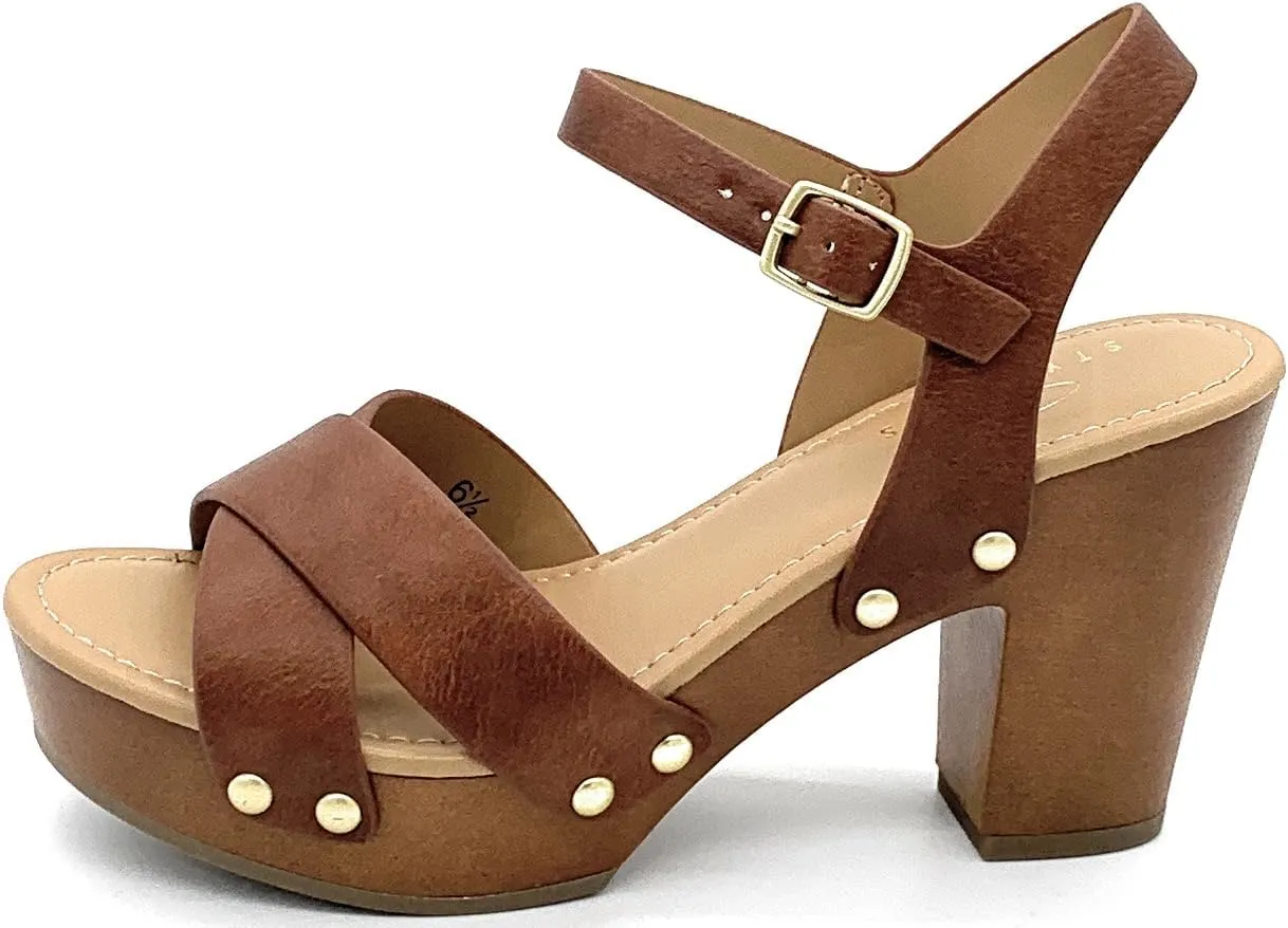 STYLISH S SHIFT - Womens Open Toe Studded Double Cross Band Ankle Strap Faux Wood Platform Heel Sandals