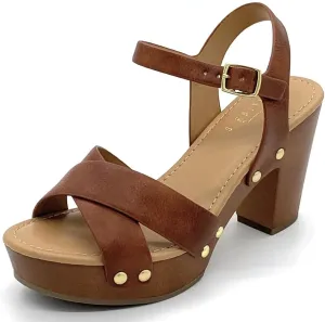 STYLISH S SHIFT - Womens Open Toe Studded Double Cross Band Ankle Strap Faux Wood Platform Heel Sandals