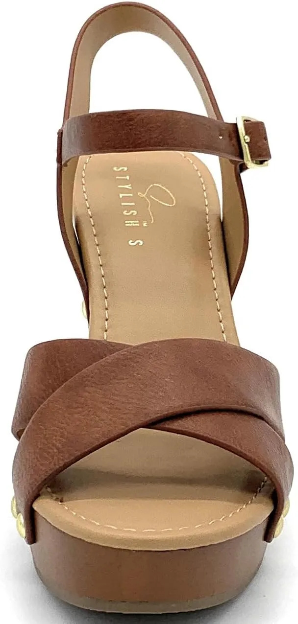 STYLISH S SHIFT - Womens Open Toe Studded Double Cross Band Ankle Strap Faux Wood Platform Heel Sandals