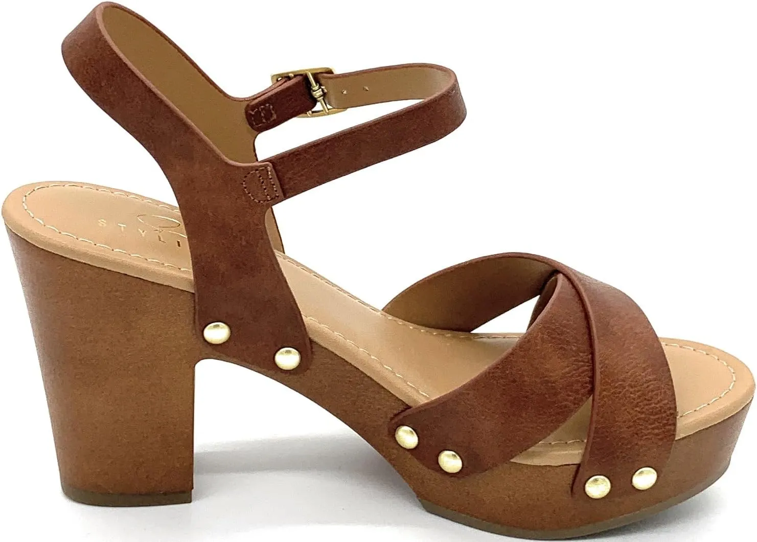 STYLISH S SHIFT - Womens Open Toe Studded Double Cross Band Ankle Strap Faux Wood Platform Heel Sandals