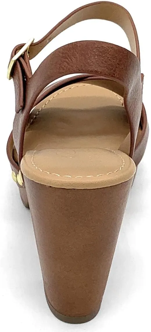 STYLISH S SHIFT - Womens Open Toe Studded Double Cross Band Ankle Strap Faux Wood Platform Heel Sandals