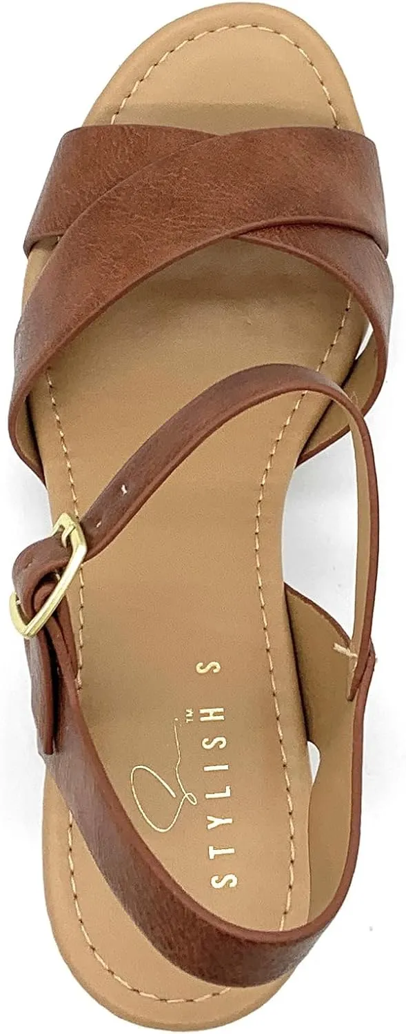 STYLISH S SHIFT - Womens Open Toe Studded Double Cross Band Ankle Strap Faux Wood Platform Heel Sandals