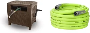 Suncast 175 ft. Wicker Style Resin Hose Hideaway with Hose Guide, Java & Flexzilla Garden Hose 5/8 in. x 75 ft, Heavy Duty, Lightweight, Drinking Water Safe, ZillaGreen - HFZG575YW-E