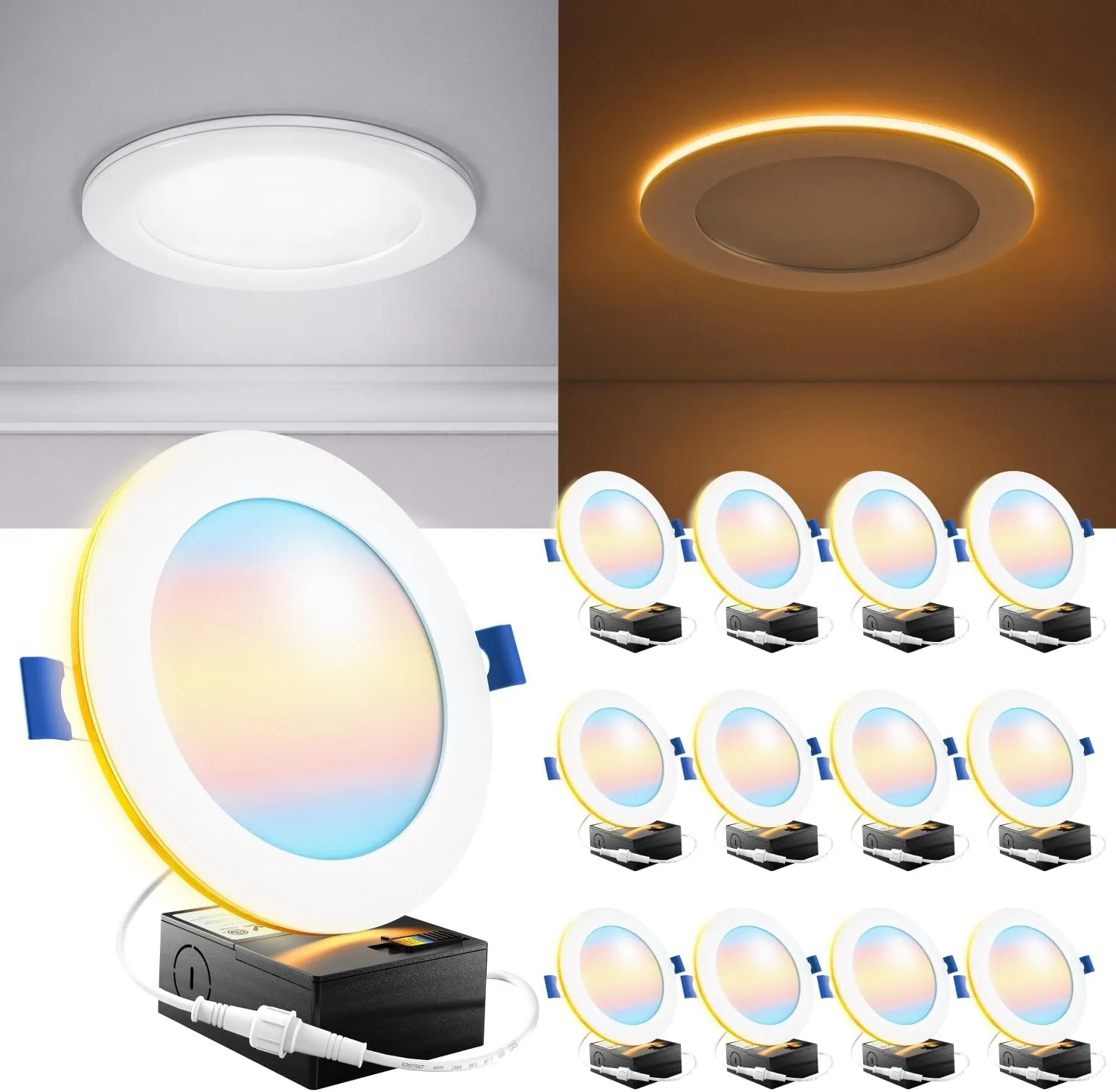 Sunco 12 Pack 6 Inch LED Recessed Light with Night Light, Canless Recessed Lighting, 1500 LM, 15W (150W Equivalent), Selectable CCT 2700K/3000K/4000K/5000K/6000K, Dimmable, with Junction Box.