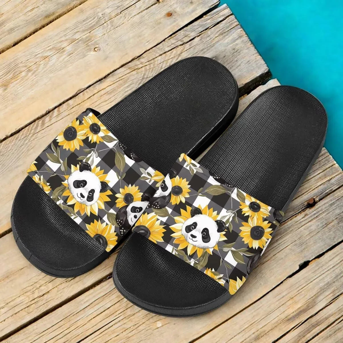 Sunflower Panda Pattern Sandals for Women Girls Lightweight Comfortable EVA Flat Sandal for Indoor Outdoor