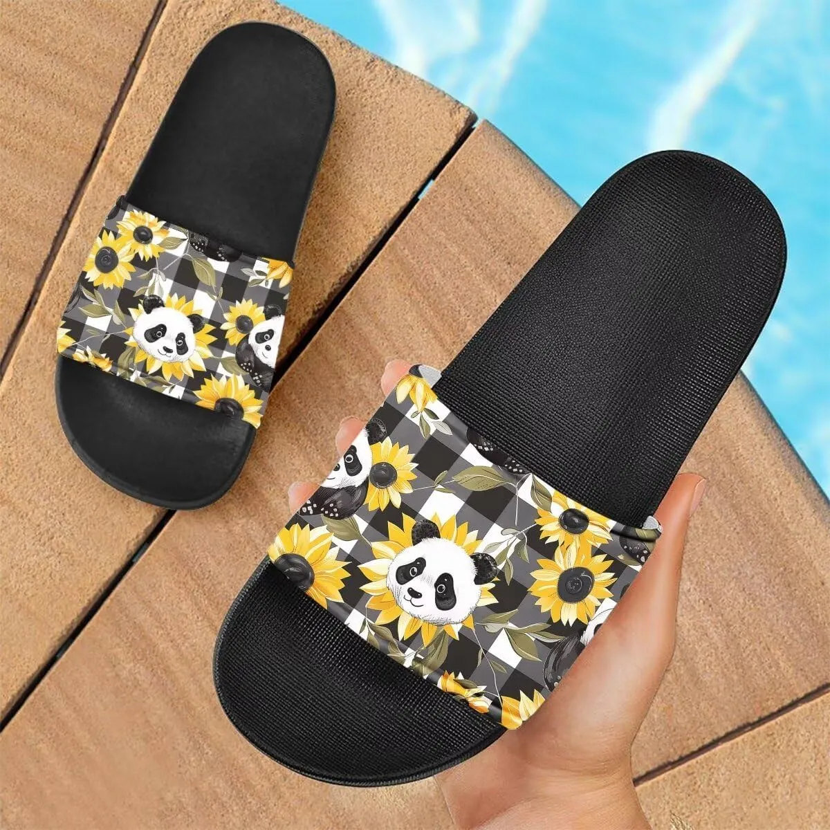 Sunflower Panda Pattern Sandals for Women Girls Lightweight Comfortable EVA Flat Sandal for Indoor Outdoor