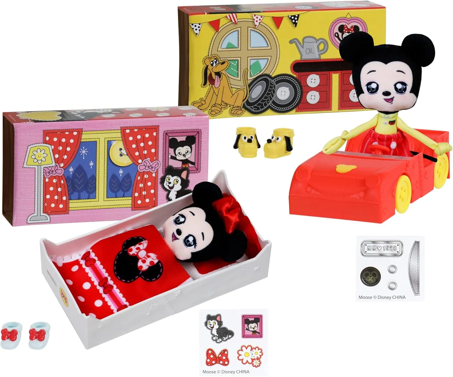 SWEET SEAMS 6" Soft Rag Doll Amazon Exclusive Bundle Pack – 2pc Toy | Classic Minnie Mouse Doll and Bedtime Playset Plus Classic Mickey Mouse and Car Playset
