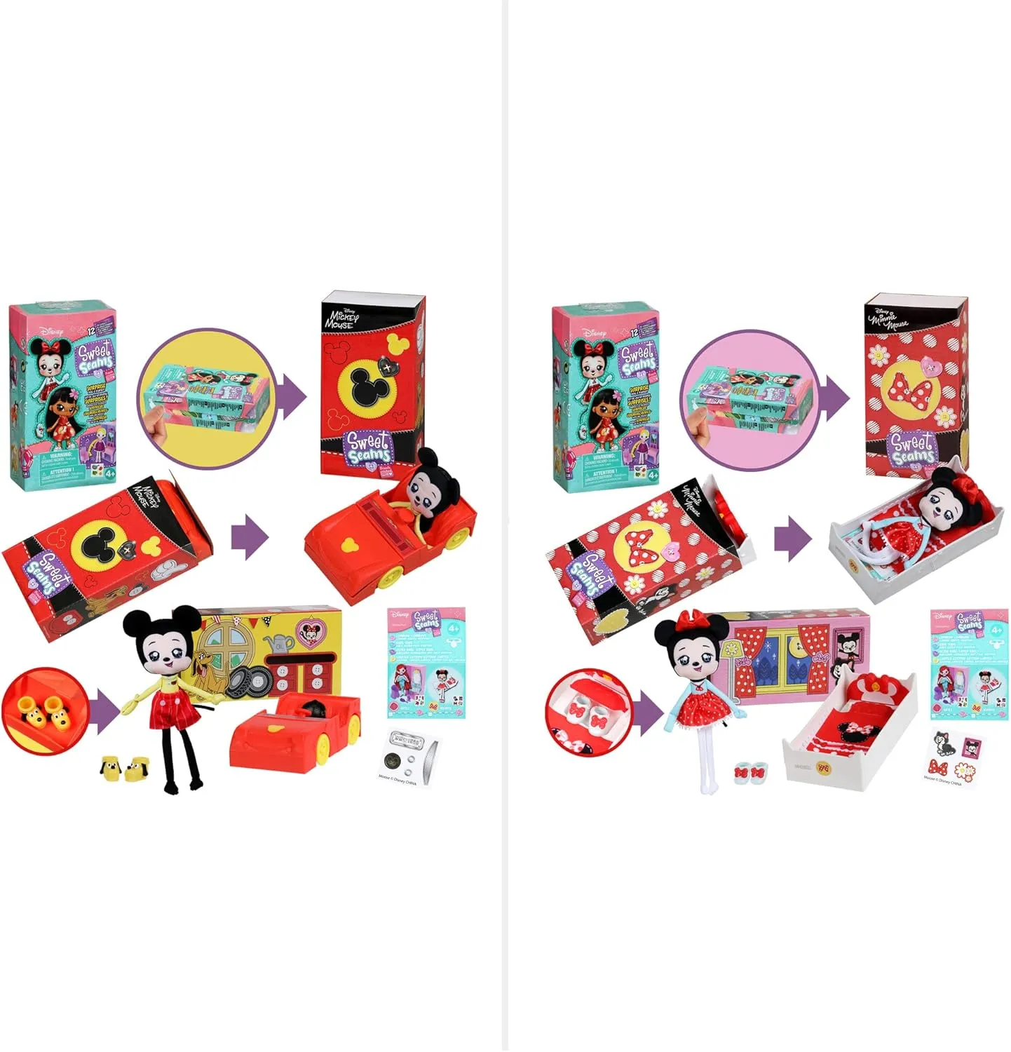 SWEET SEAMS 6" Soft Rag Doll Amazon Exclusive Bundle Pack – 2pc Toy | Classic Minnie Mouse Doll and Bedtime Playset Plus Classic Mickey Mouse and Car Playset