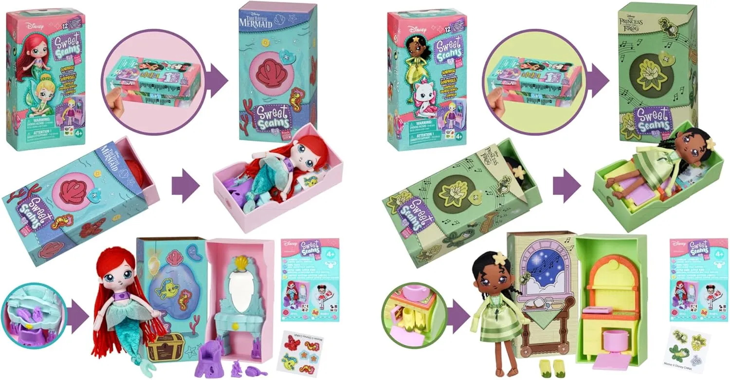 Sweet Seams 6" Soft Rag Doll Bundle Pack – 2pc Toy | The Little Mermaid Ariel Doll and Vanity Playset, The Princess and The Frog Tiana Doll & Kitchen Playset