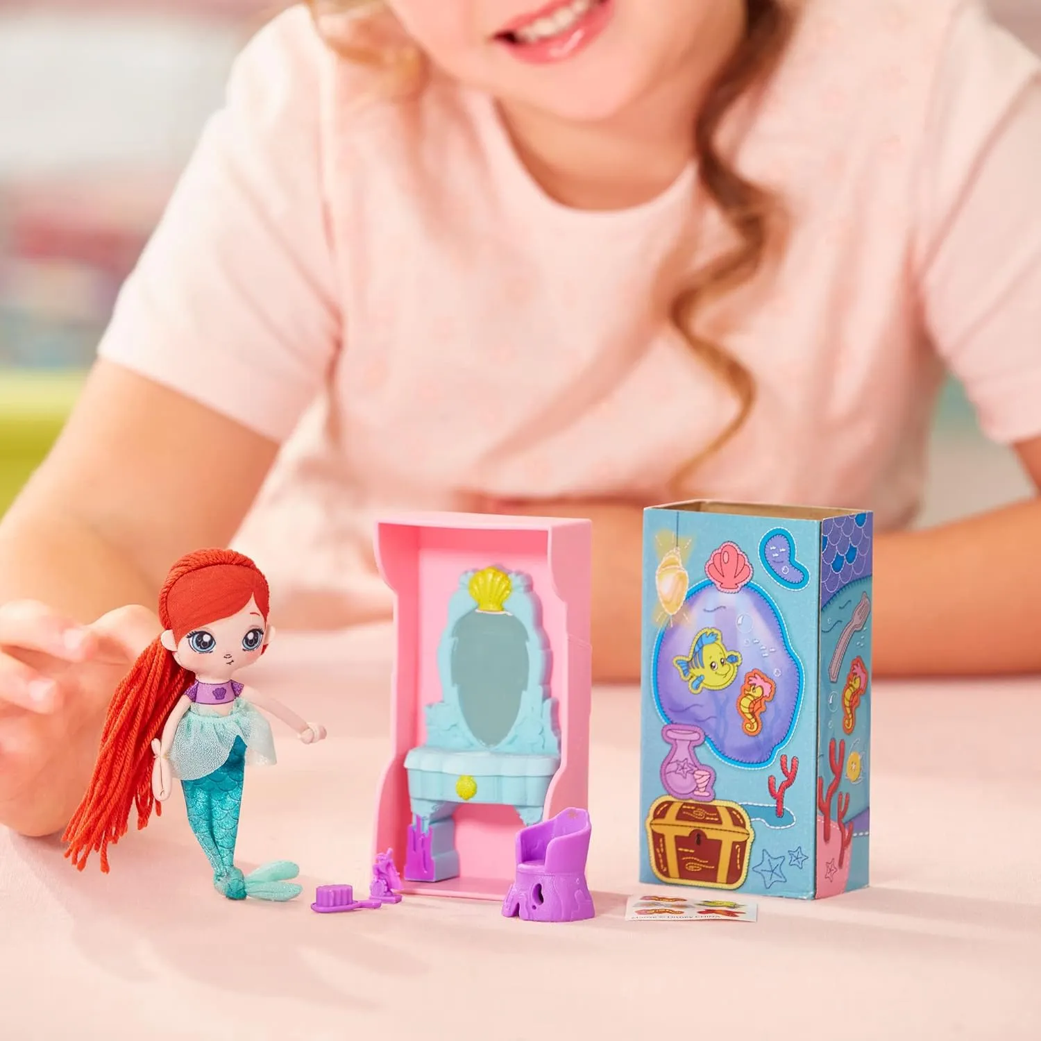 Sweet Seams 6" Soft Rag Doll Bundle Pack – 2pc Toy | The Little Mermaid Ariel Doll and Vanity Playset, The Princess and The Frog Tiana Doll & Kitchen Playset