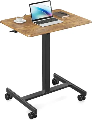 Sweetcrispy Small Mobile Standing Desk, Rolling Laptop Computer Carts, Portable Laptop Desk with Wheels, Adjustable Height Table for Home Office, Brown