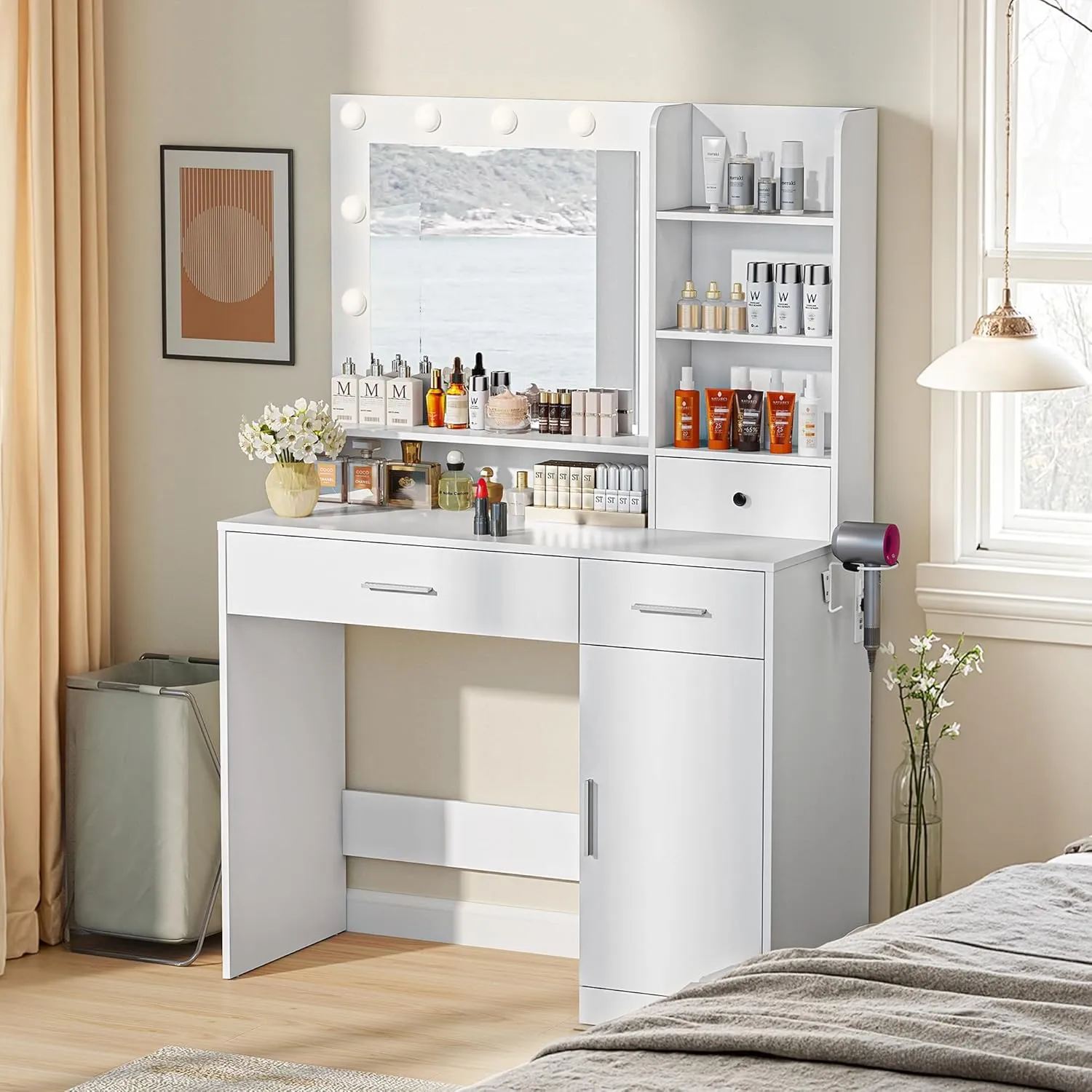 Sweetcrispy White Vanity Desk with Lighted Mirror & Power Outlet, Makeup Vanity with 3 Drawers, 4 Shelves, Cabinet & Hair Dryer Holder for Bedroom Girls