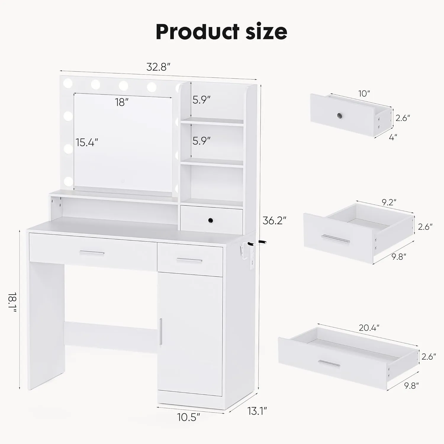 Sweetcrispy White Vanity Desk with Lighted Mirror & Power Outlet, Makeup Vanity with 3 Drawers, 4 Shelves, Cabinet & Hair Dryer Holder for Bedroom Girls