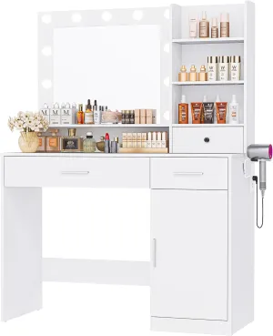 Sweetcrispy White Vanity Desk with Lighted Mirror & Power Outlet, Makeup Vanity with 3 Drawers, 4 Shelves, Cabinet & Hair Dryer Holder for Bedroom Girls