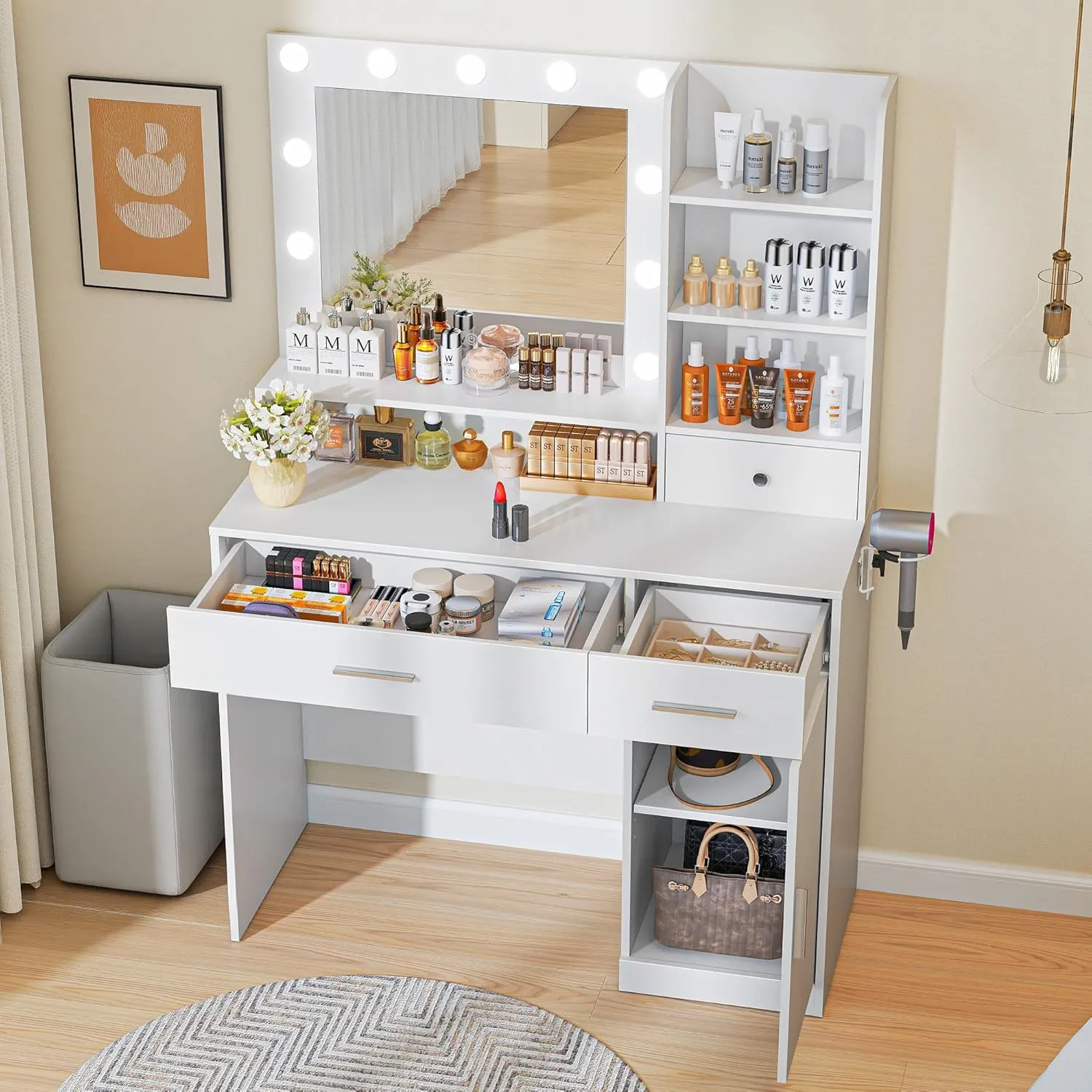 Sweetcrispy White Vanity Desk with Lighted Mirror & Power Outlet, Makeup Vanity with 3 Drawers, 4 Shelves, Cabinet & Hair Dryer Holder for Bedroom Girls