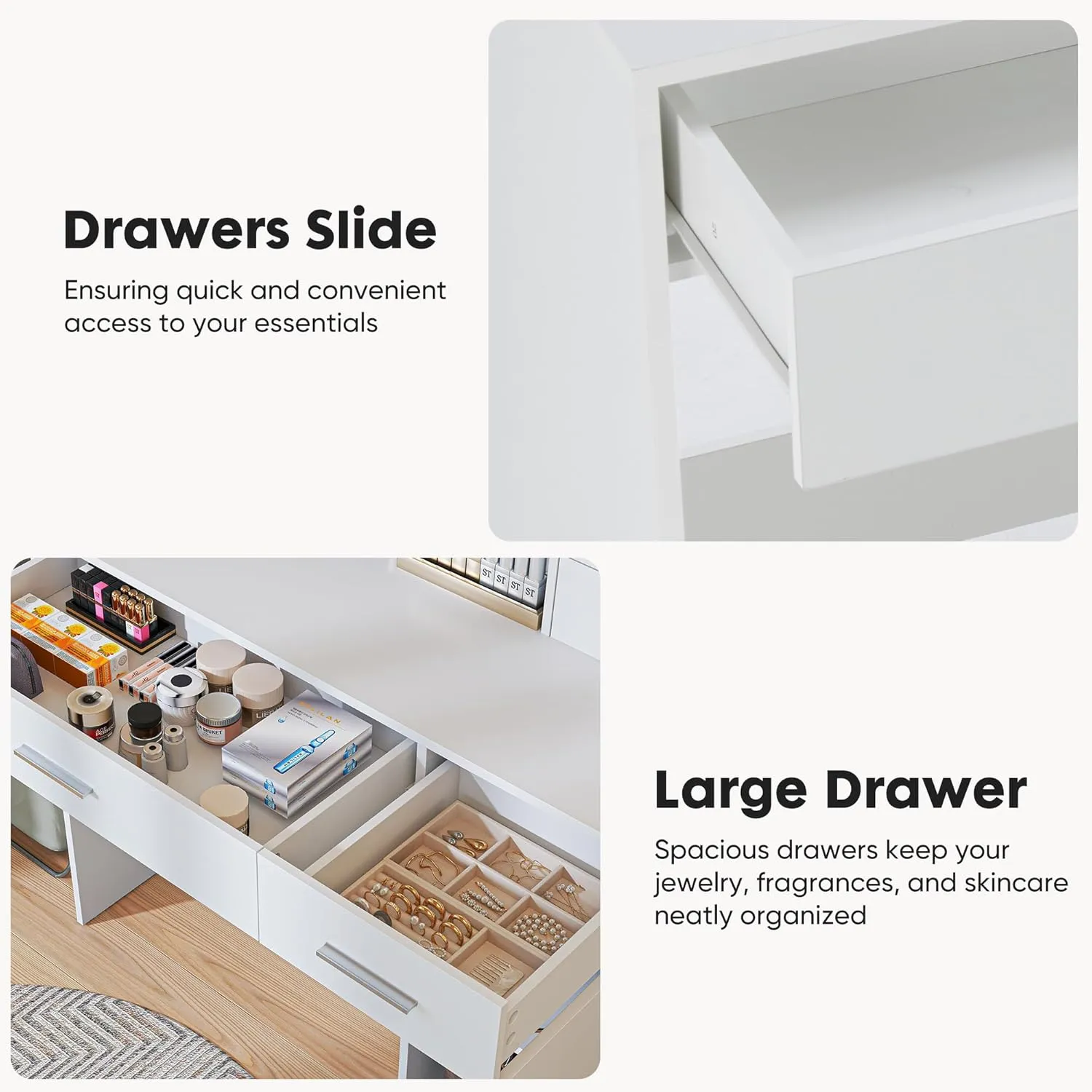 Sweetcrispy White Vanity Desk with Lighted Mirror & Power Outlet, Makeup Vanity with 3 Drawers, 4 Shelves, Cabinet & Hair Dryer Holder for Bedroom Girls