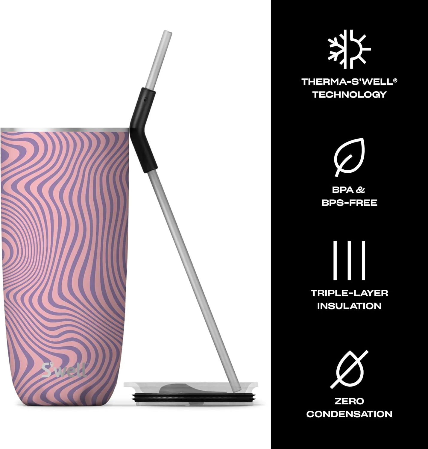 S'well Stainless Steel Tumbler with Straw and Slide-Open Lid, 24oz, Lavender Swirl, Triple Layered Vacuum Insulated Containers Keeps Drinks Cold for 18 Hours and Hot for 5, BPA Free