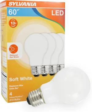 SYLVANIA Reduced Eye Strain A19 LED Light Bulb, 60W = 8W, 13 Year, Dimmable, Frosted, 2700K, Soft White - 8 Pack
