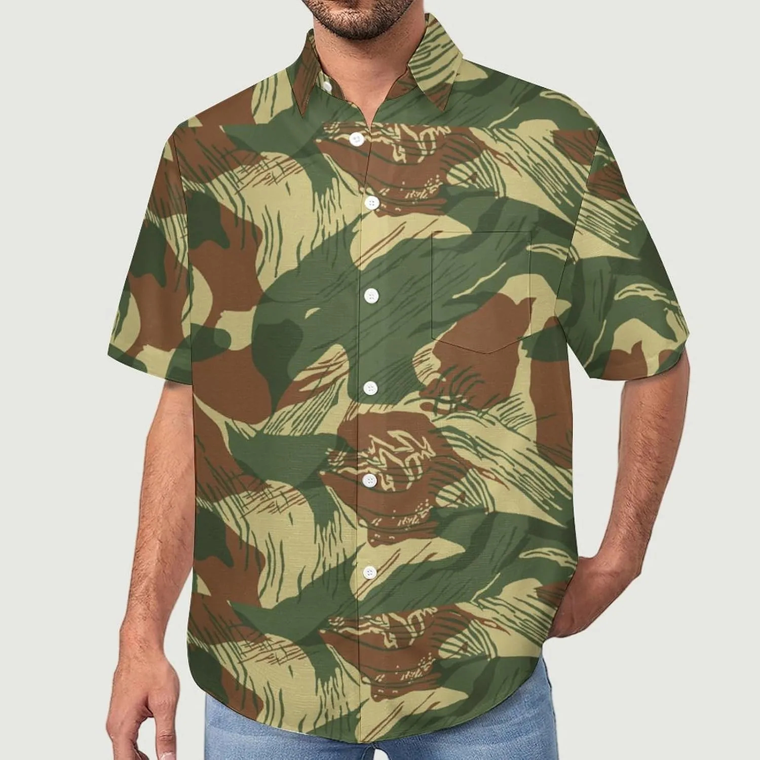 SZDIZOWE Rhodesian Camouflage Men's Imitation Linen Short Sleeve Shirt Button Up with Pocket