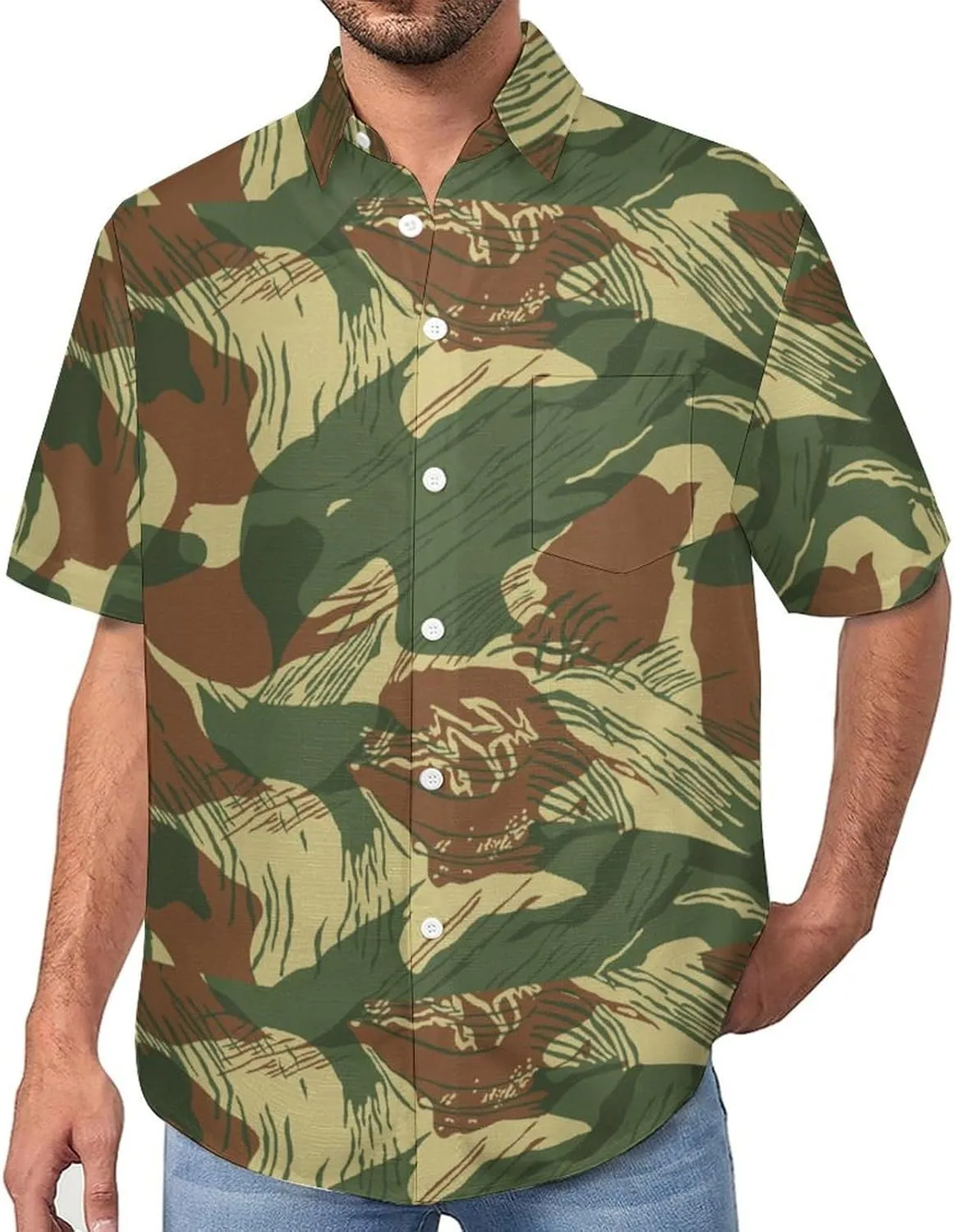 SZDIZOWE Rhodesian Camouflage Men's Imitation Linen Short Sleeve Shirt Button Up with Pocket