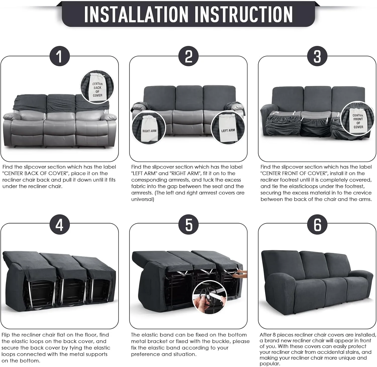 TAOCOCO Recliner Sofa Covers 8-Pieces Stretch Large Couch Covers for 3 Seats Reclining Slipcovers Soft Jacquard Pattern Furniture Protector (Charcoal Grey)