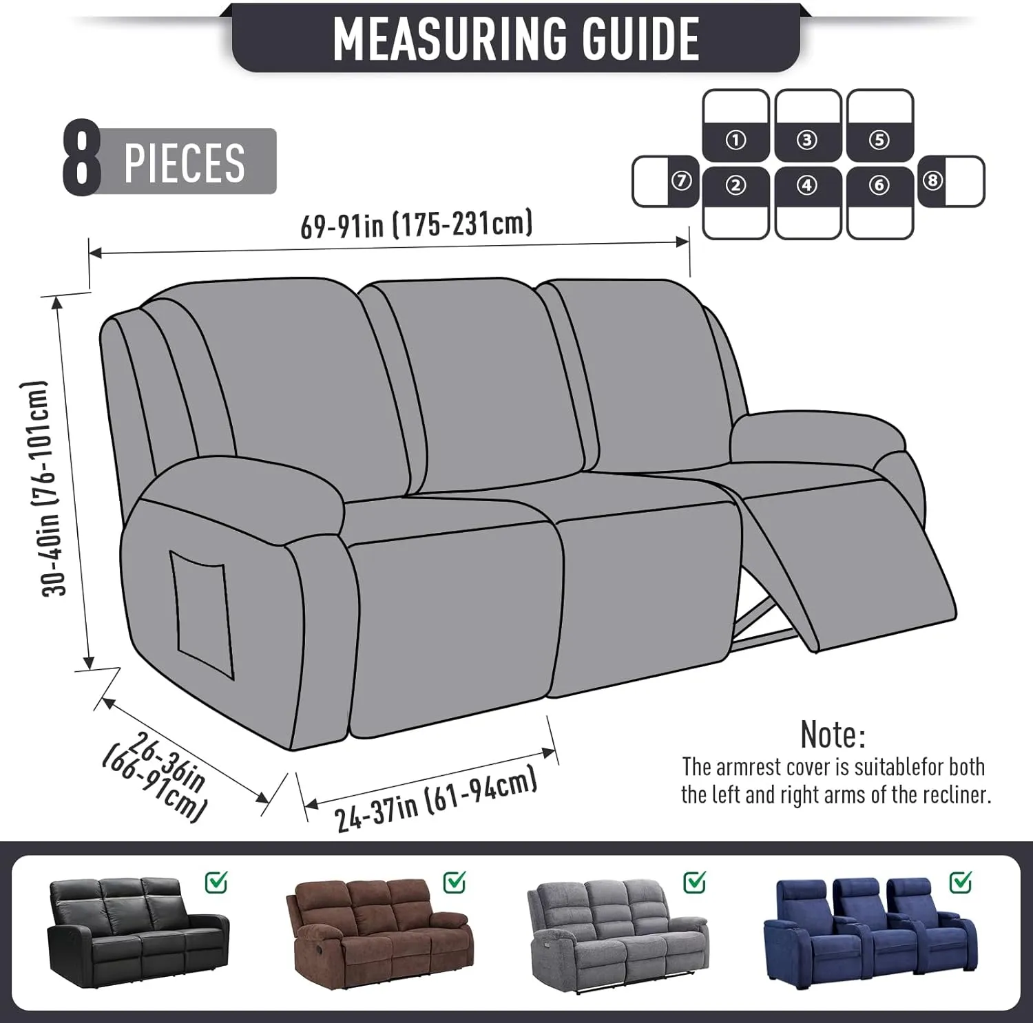 TAOCOCO Recliner Sofa Covers 8-Pieces Stretch Large Couch Covers for 3 Seats Reclining Slipcovers Soft Jacquard Pattern Furniture Protector (Charcoal Grey)