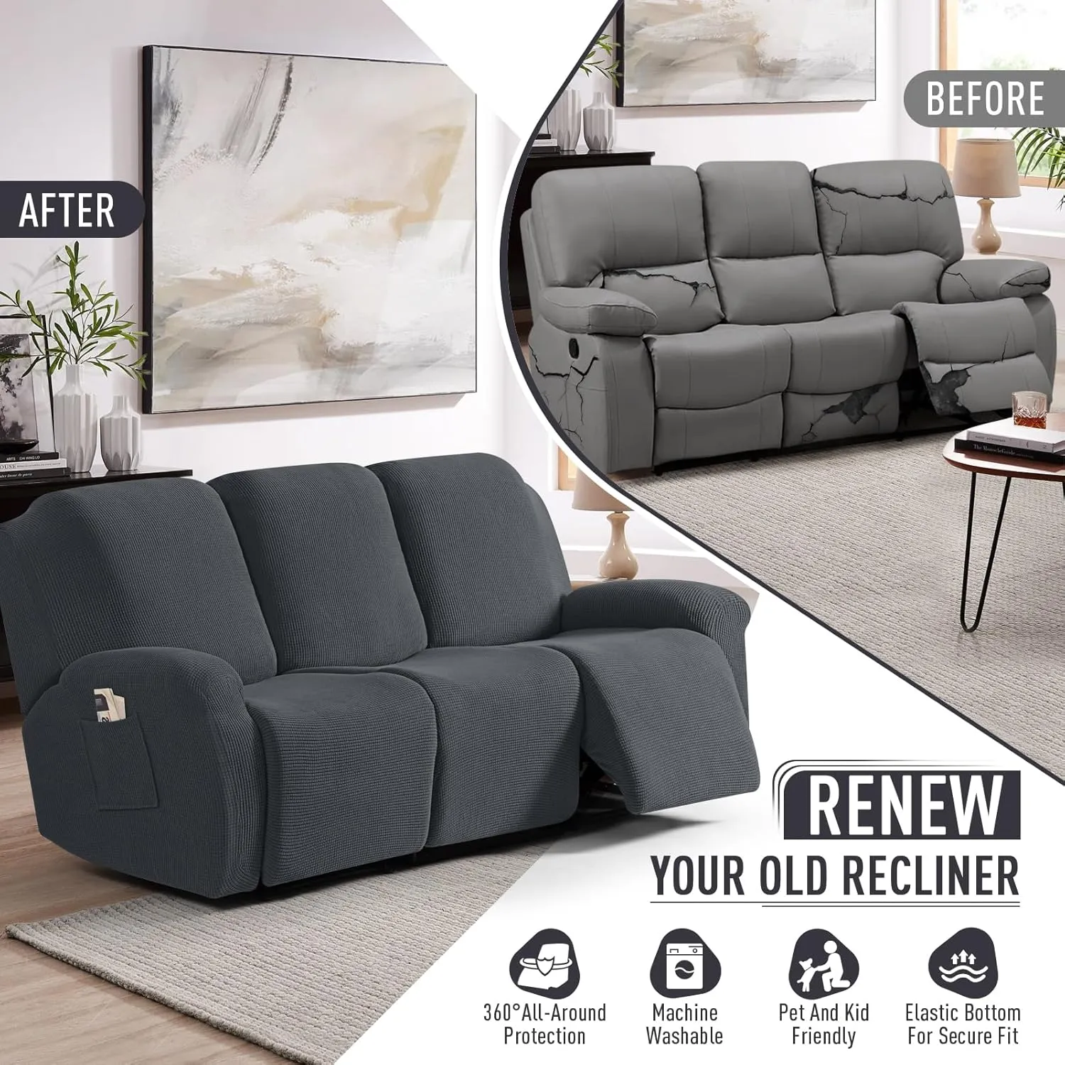 TAOCOCO Recliner Sofa Covers 8-Pieces Stretch Large Couch Covers for 3 Seats Reclining Slipcovers Soft Jacquard Pattern Furniture Protector (Charcoal Grey)
