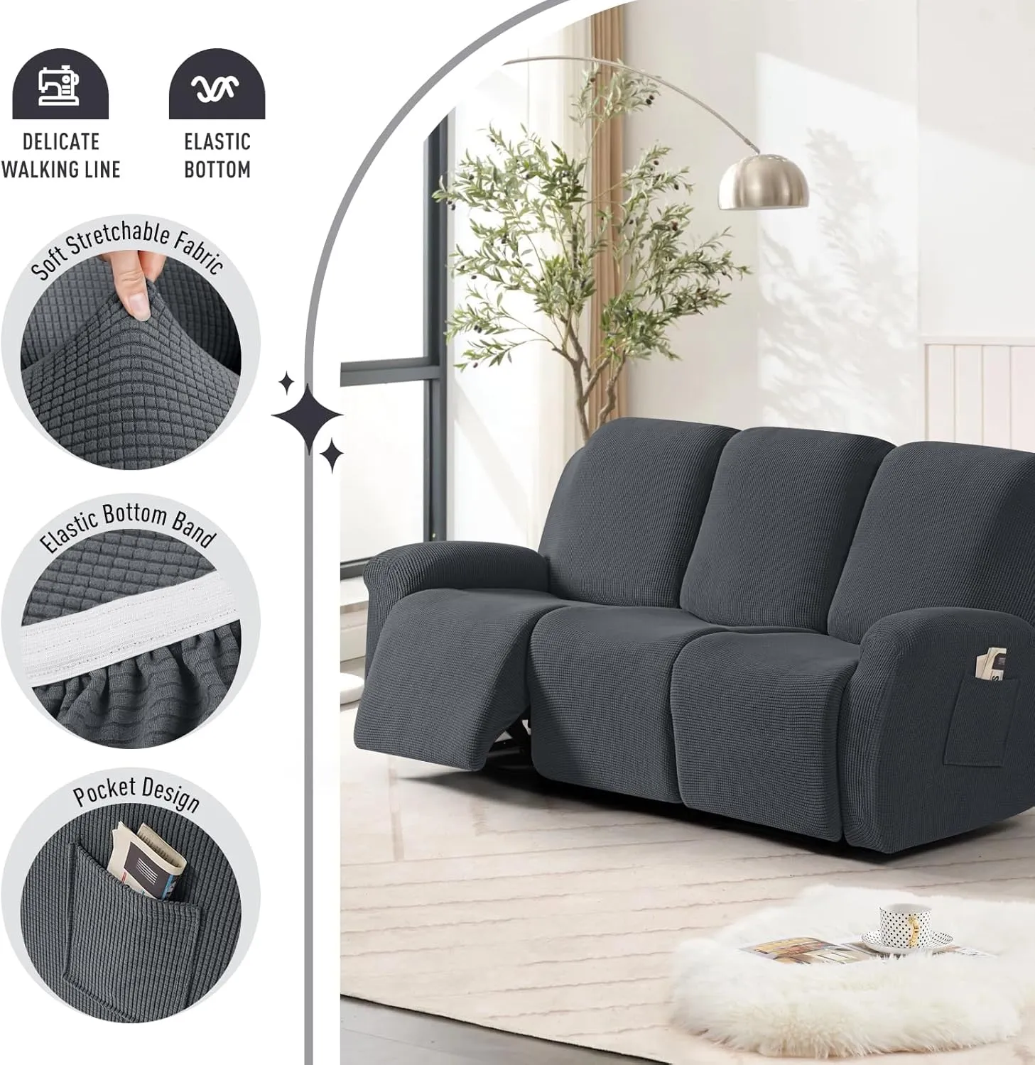 TAOCOCO Recliner Sofa Covers 8-Pieces Stretch Large Couch Covers for 3 Seats Reclining Slipcovers Soft Jacquard Pattern Furniture Protector (Charcoal Grey)