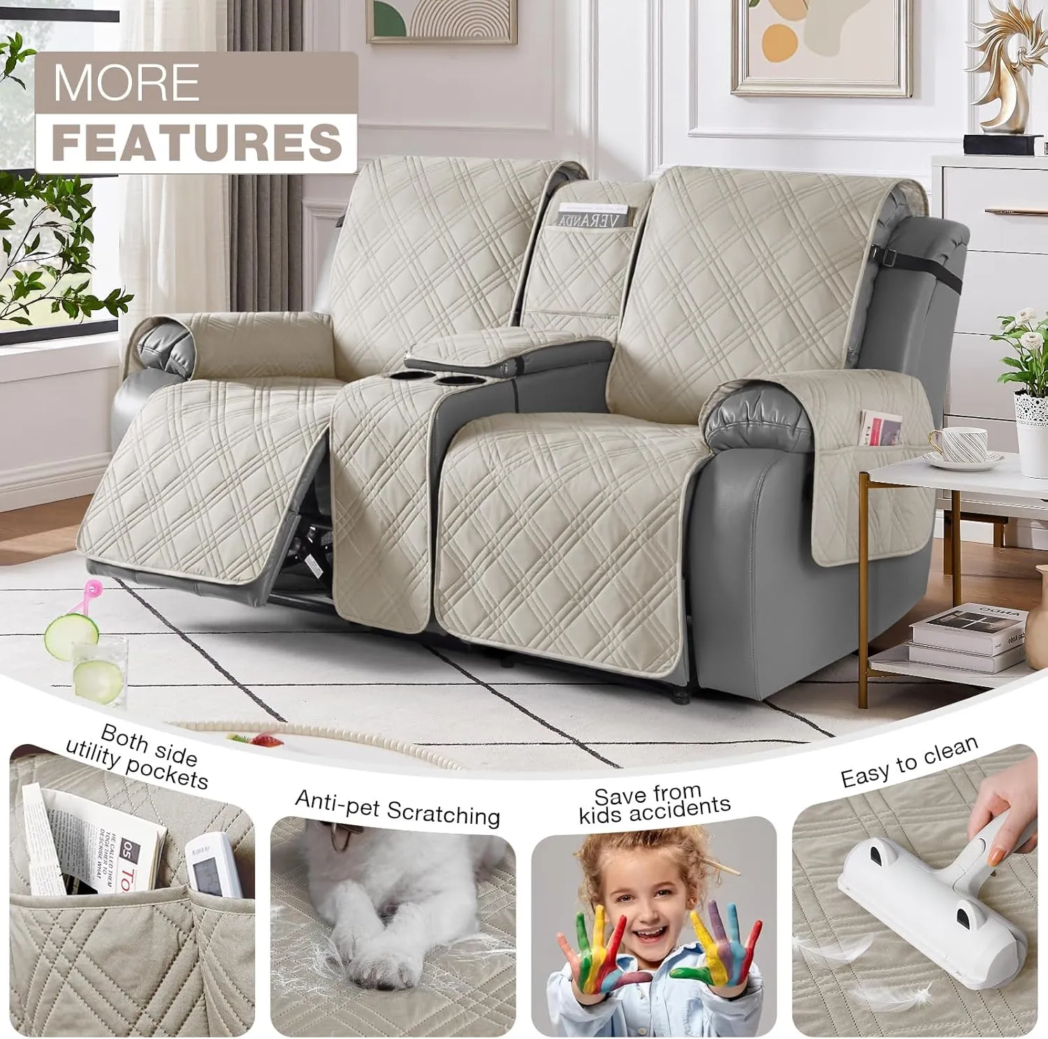 TAOCOCO Reclining Loveseat Cover with Console, 100% Waterproof Pet Covers for Dual Recliner with Mug Holder, Split Console Cover Loveseat Covers Furniture Pet & Kids Protector (2 Seater, Cream)