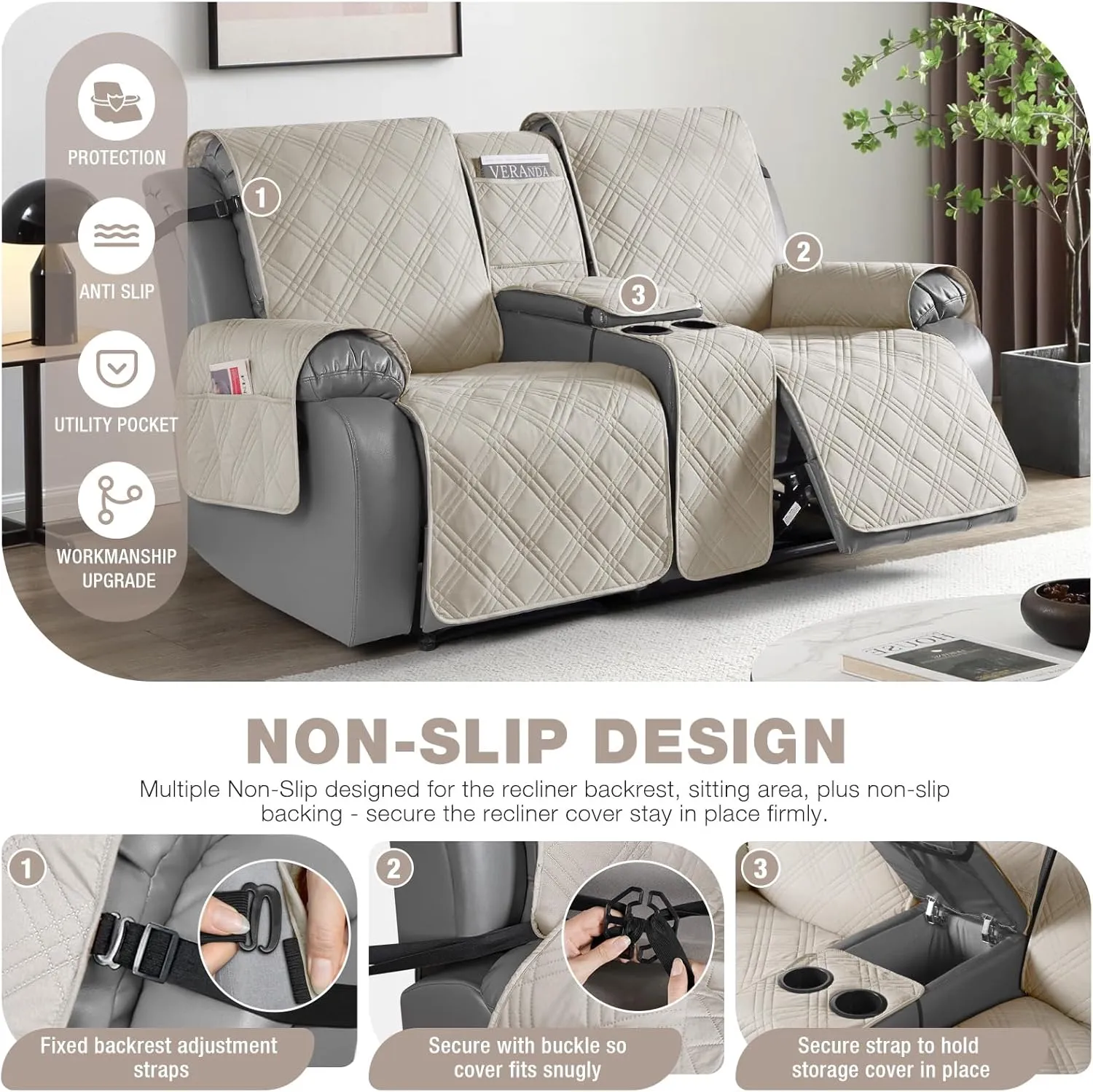 TAOCOCO Reclining Loveseat Cover with Console, 100% Waterproof Pet Covers for Dual Recliner with Mug Holder, Split Console Cover Loveseat Covers Furniture Pet & Kids Protector (2 Seater, Cream)