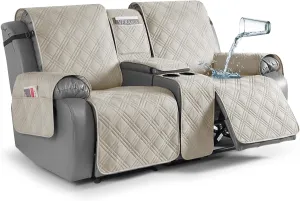 TAOCOCO Reclining Loveseat Cover with Console, 100% Waterproof Pet Covers for Dual Recliner with Mug Holder, Split Console Cover Loveseat Covers Furniture Pet & Kids Protector (2 Seater, Cream)