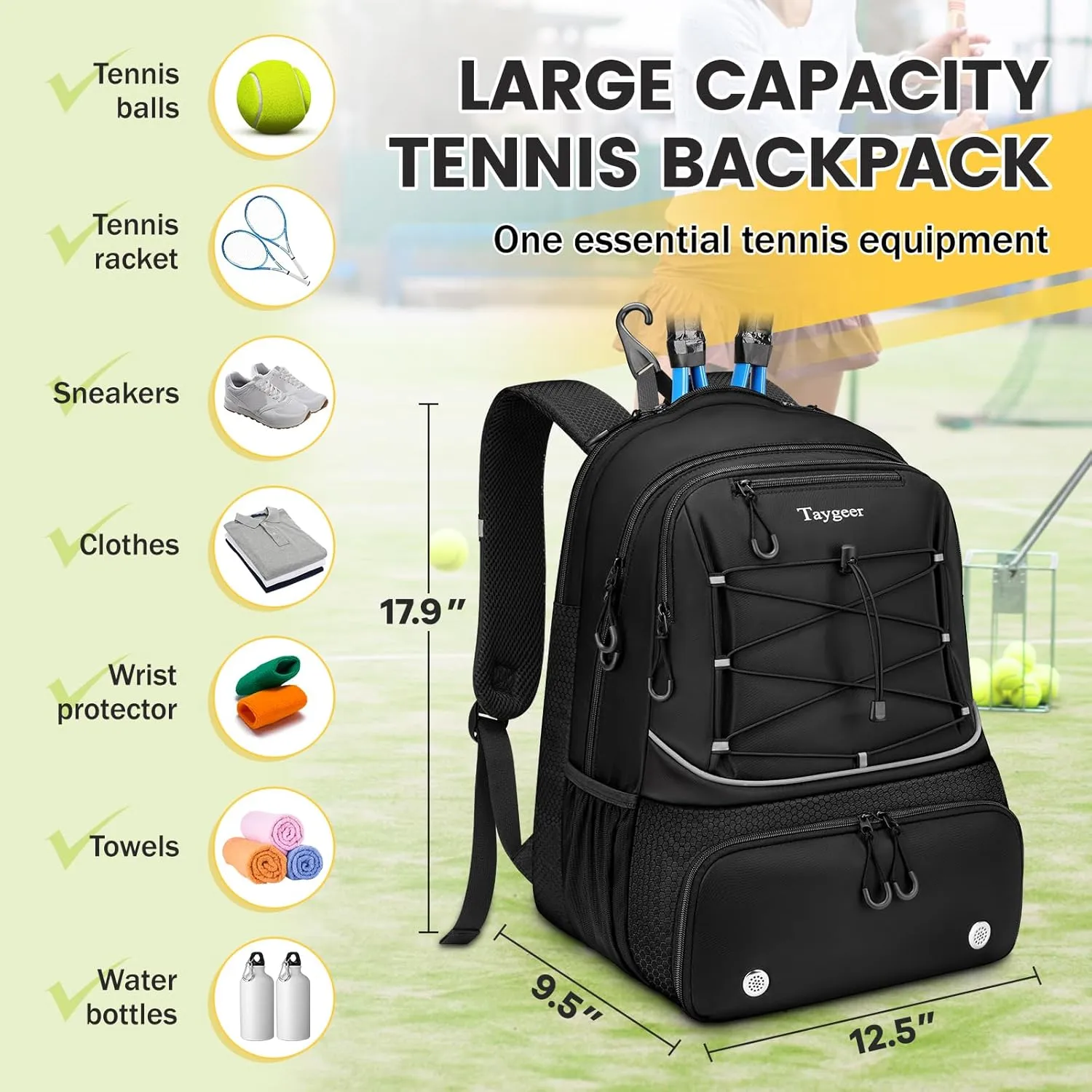 Taygeer Tennis Bag, Tennis Backpack Bags for Women Men 2 Rackets with Ventilated Shoe Compartment, Tennis Bag for Racket