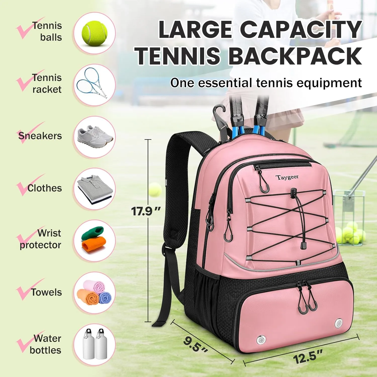 Taygeer Tennis Bag, Tennis Backpack Bags for Women Men 2 Rackets with Ventilated Shoe Compartment, Tennis Bag for Racket