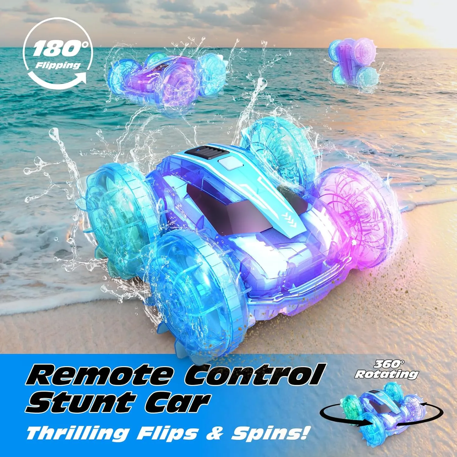 Tecnock Amphibious Remote Control Car Boat for Kids, 4WD RC Stunt Car with Waterproof Remote Control, 2.4GHz Gesture RC Cars with LED Lights, Water Pool Toys Gifts for Boys, Girls