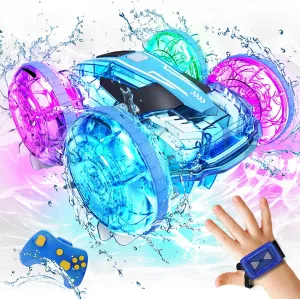 Tecnock Amphibious Remote Control Car Boat for Kids, 4WD RC Stunt Car with Waterproof Remote Control, 2.4GHz Gesture RC Cars with LED Lights, Water Pool Toys Gifts for Boys, Girls