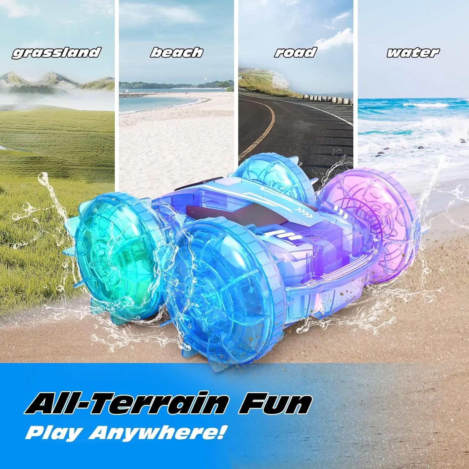 Tecnock Amphibious Remote Control Car Boat for Kids, 4WD RC Stunt Car with Waterproof Remote Control, 2.4GHz Gesture RC Cars with LED Lights, Water Pool Toys Gifts for Boys, Girls