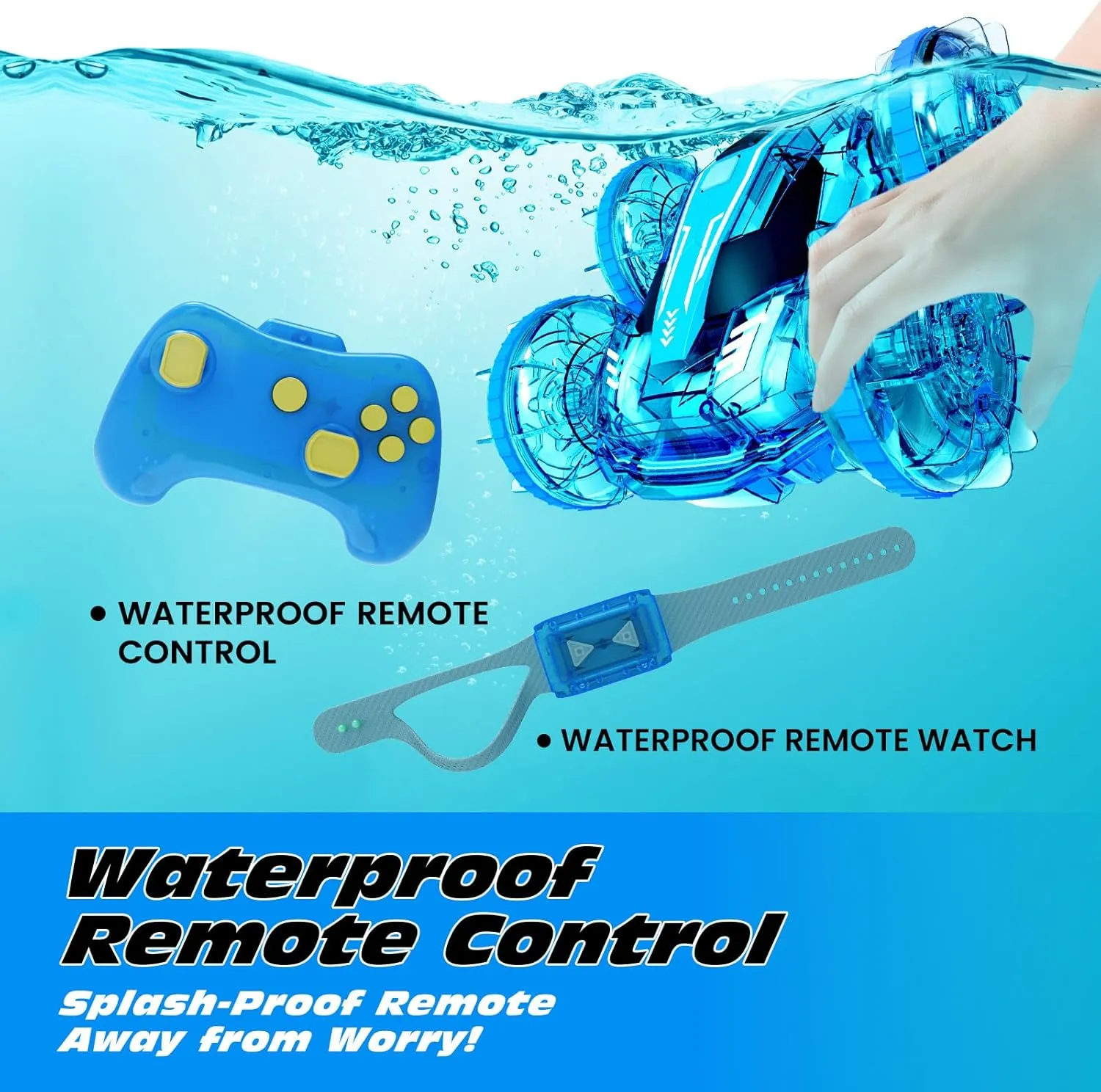 Tecnock Amphibious Remote Control Car Boat for Kids, 4WD RC Stunt Car with Waterproof Remote Control, 2.4GHz Gesture RC Cars with LED Lights, Water Pool Toys Gifts for Boys, Girls